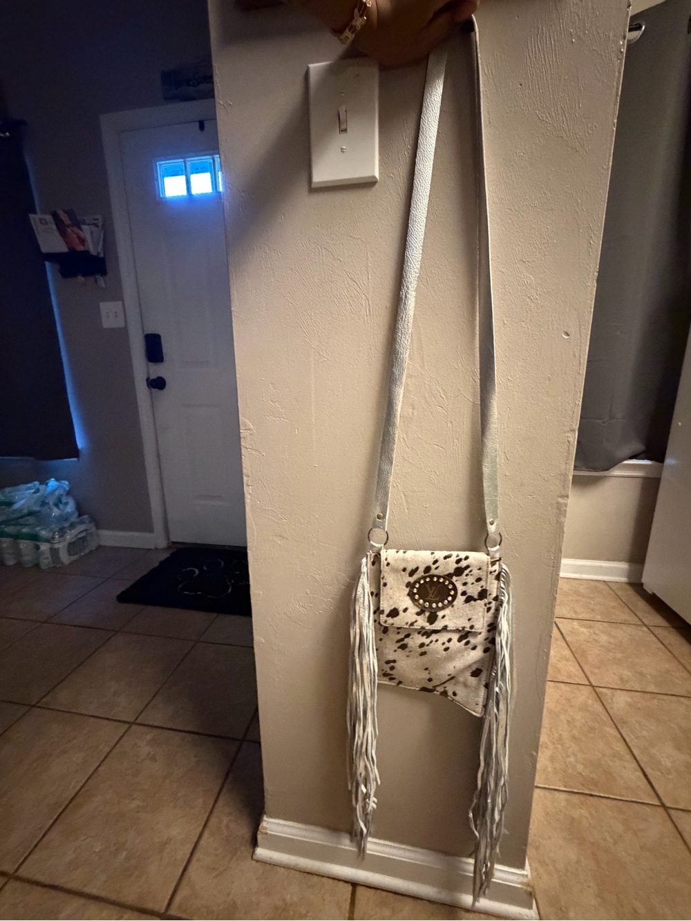 Fringed Crossbody Bag in White Speckled Print
